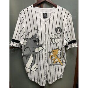 Tom & Jerry Vintage Y2K Large Baseball Jersey White & Black Mesh Striped Cartoon